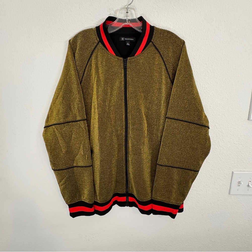 INC Metallic Gold Bomber Jacket Red Stripe Streetwear XL Menswear